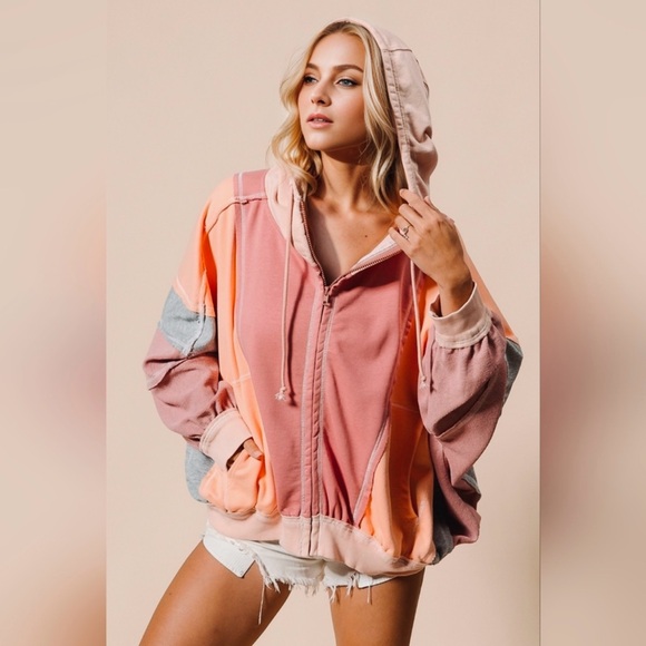 Double Take Tops - ✨ DOUBLE TAKE ✨ Baggy Fit Colorblock Zip Up Hoodie Peach Gray Pink Size Medium